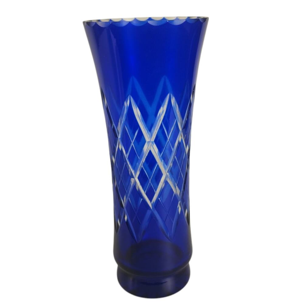 Vintage Art Glass Bohemian Czech Cobalt Blue Cut to Clear Flared Vase 10.5"
